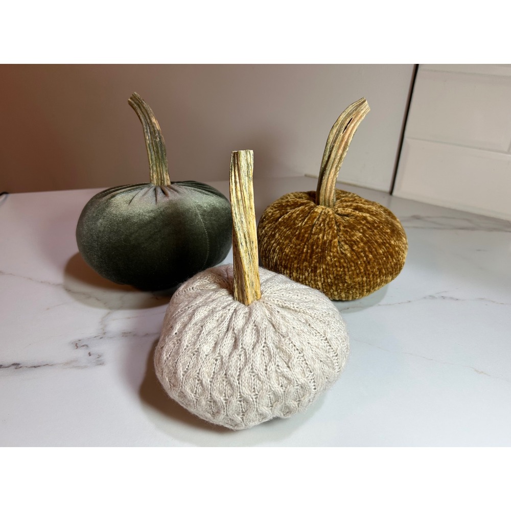 Set of 3 Fabric Pumpkins Fall Decor Velvet Chenille Cable Knit Green Gold Cream